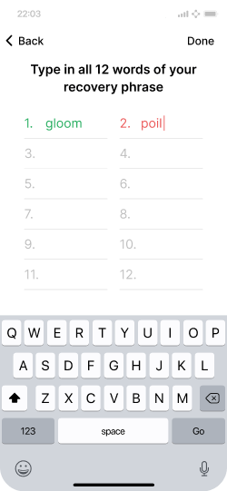 Screen showing an incorrectly typed word highlighted in red.