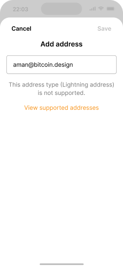 Add address screen indicating that an address format is not supported