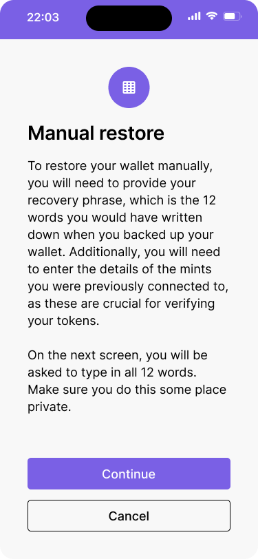 A mobile wallet interface that explains what a manual restore is.
